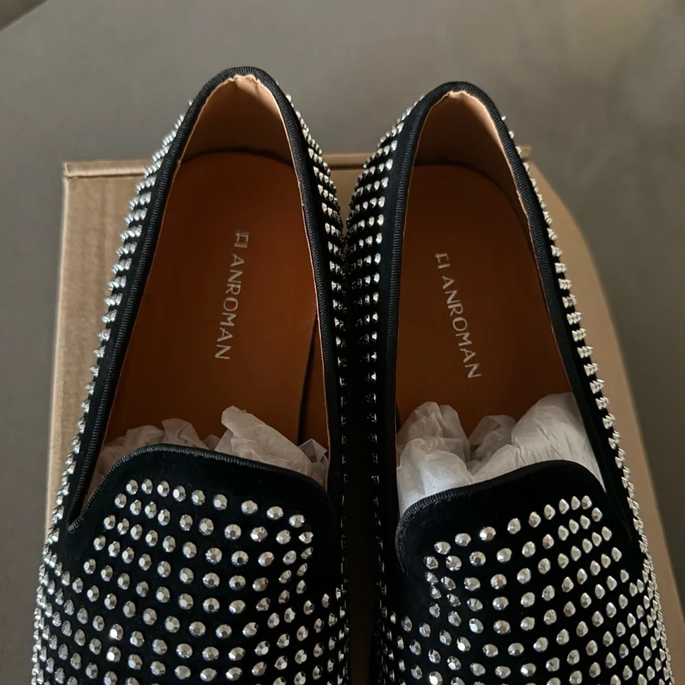 Elanroman Suede Leather Black Studded Loafers with Red Sole Party Wedding, 10